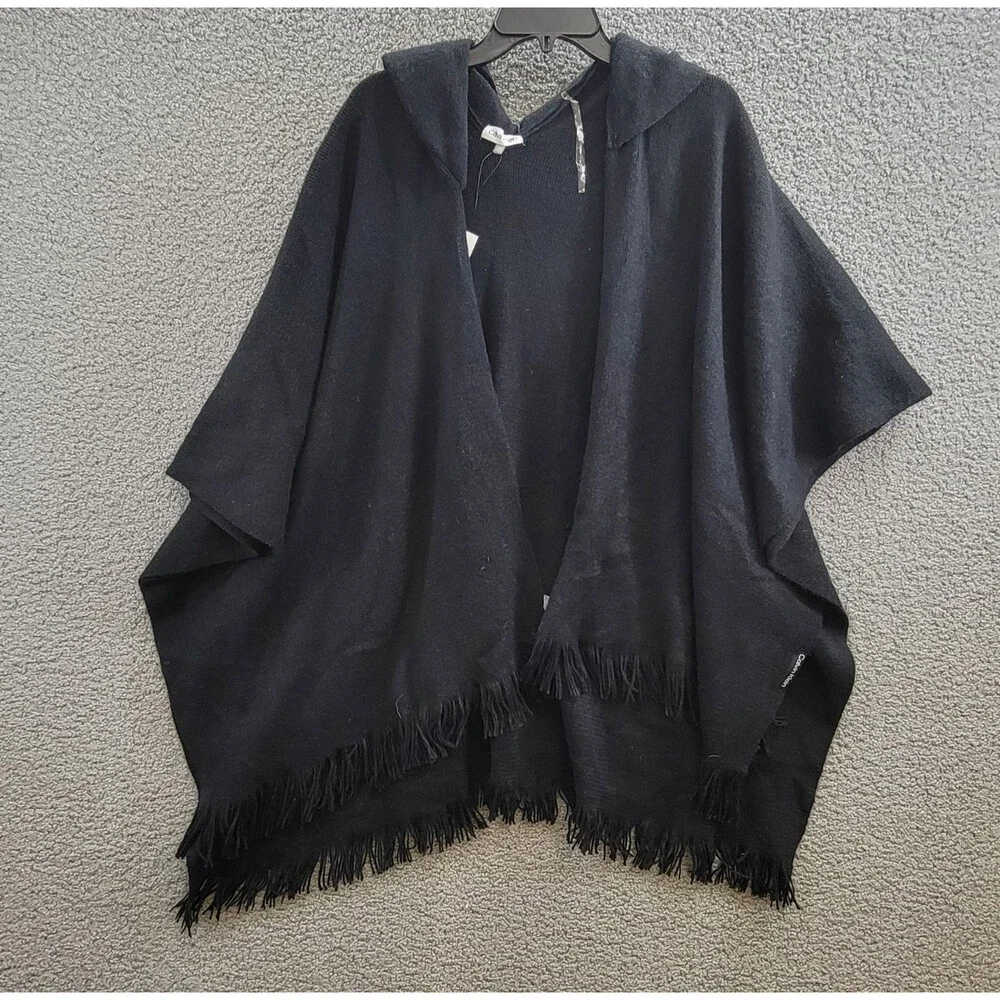 Calvin Klein Knit Hooded Cardigan Sweater Women's One Size Black Fringe Trim - Picture 2 of 15